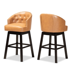 Baxton Studio Theron Modern and Contemporary Transitional Tan Faux Leather Upholstered and Dark Brown Finished Wood 2-Piece Swivel Bar Stool Set